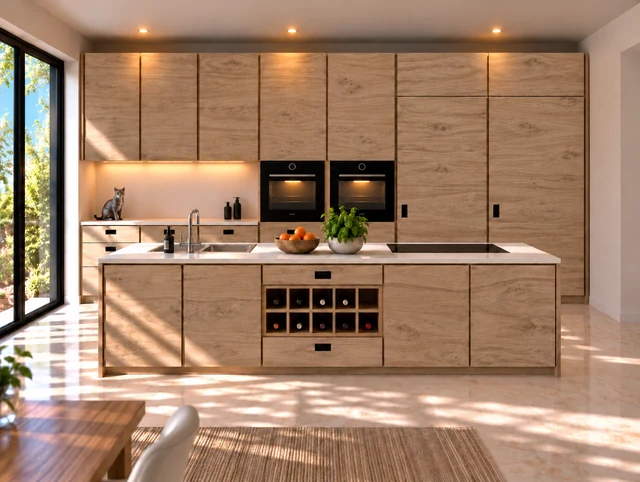 Holzküche mit Kochinsel, schmalen Weinfächern und heller Arbeitsplatte