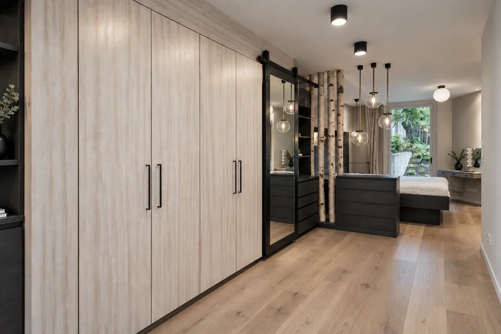 Schlafzimmer mit raumhohem Einbauschrank und Schiebetür