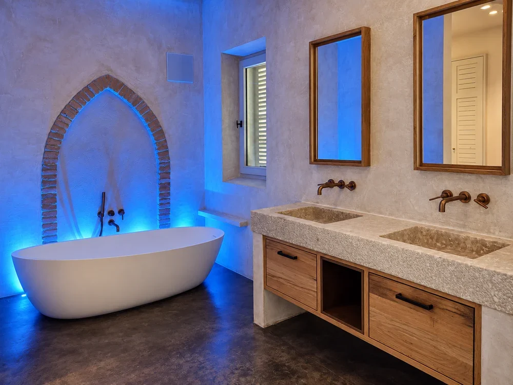 Badezimmer mit Holzwaschtisch, Natursteinbecken und blauer Akzentbeleuchtung